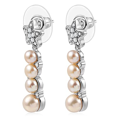 GP Capri Special Collection Freshwater Pearl and White Zircon 3.30 ctw Earrings in Rhodium Over Sterling Silver