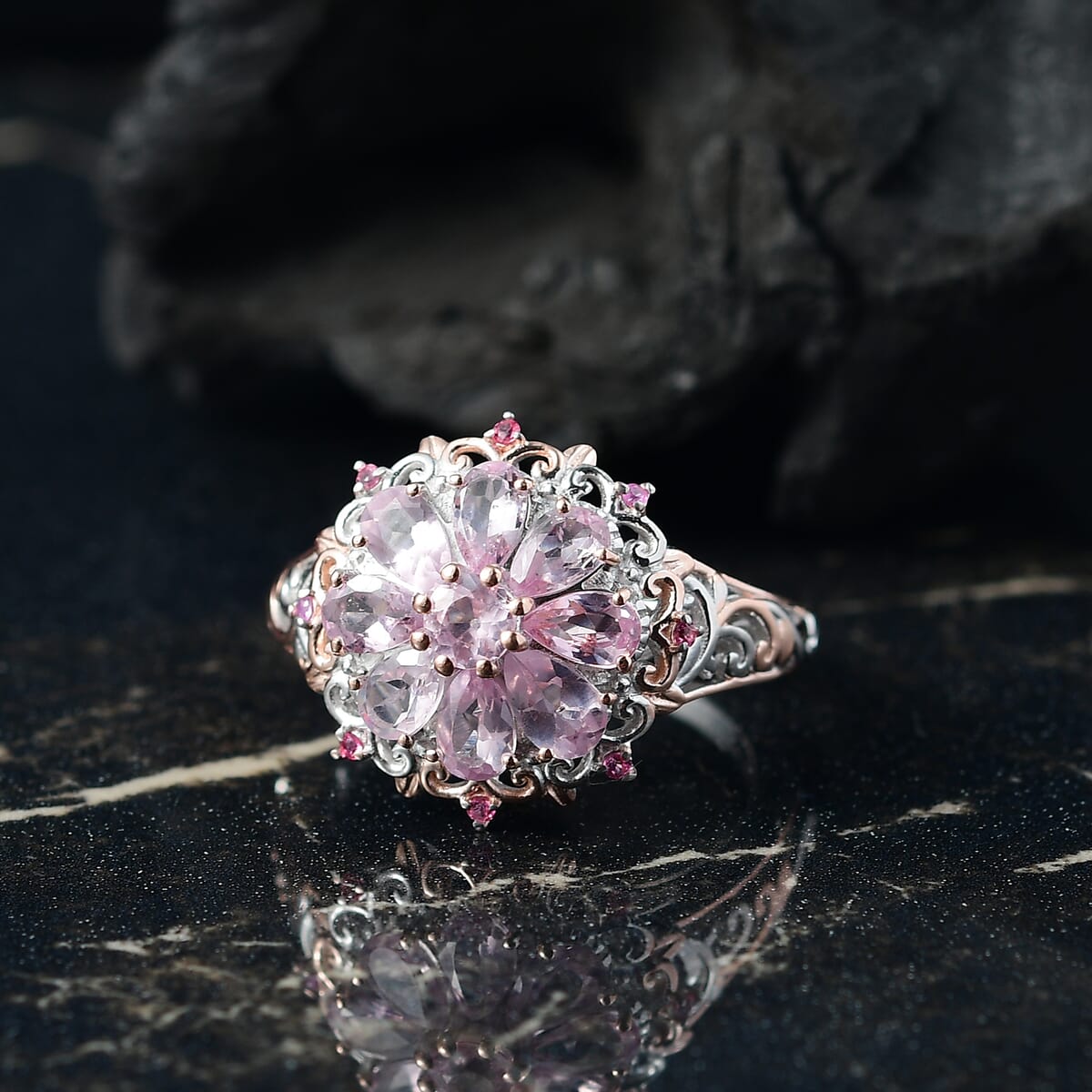D'Joy Narsipatnam Pink Spinel 1.90 ctw Floral Empress Ring in 18K Vermeil RG and Rhodium Over Sterling Silver (Size 10.0) image number 1
