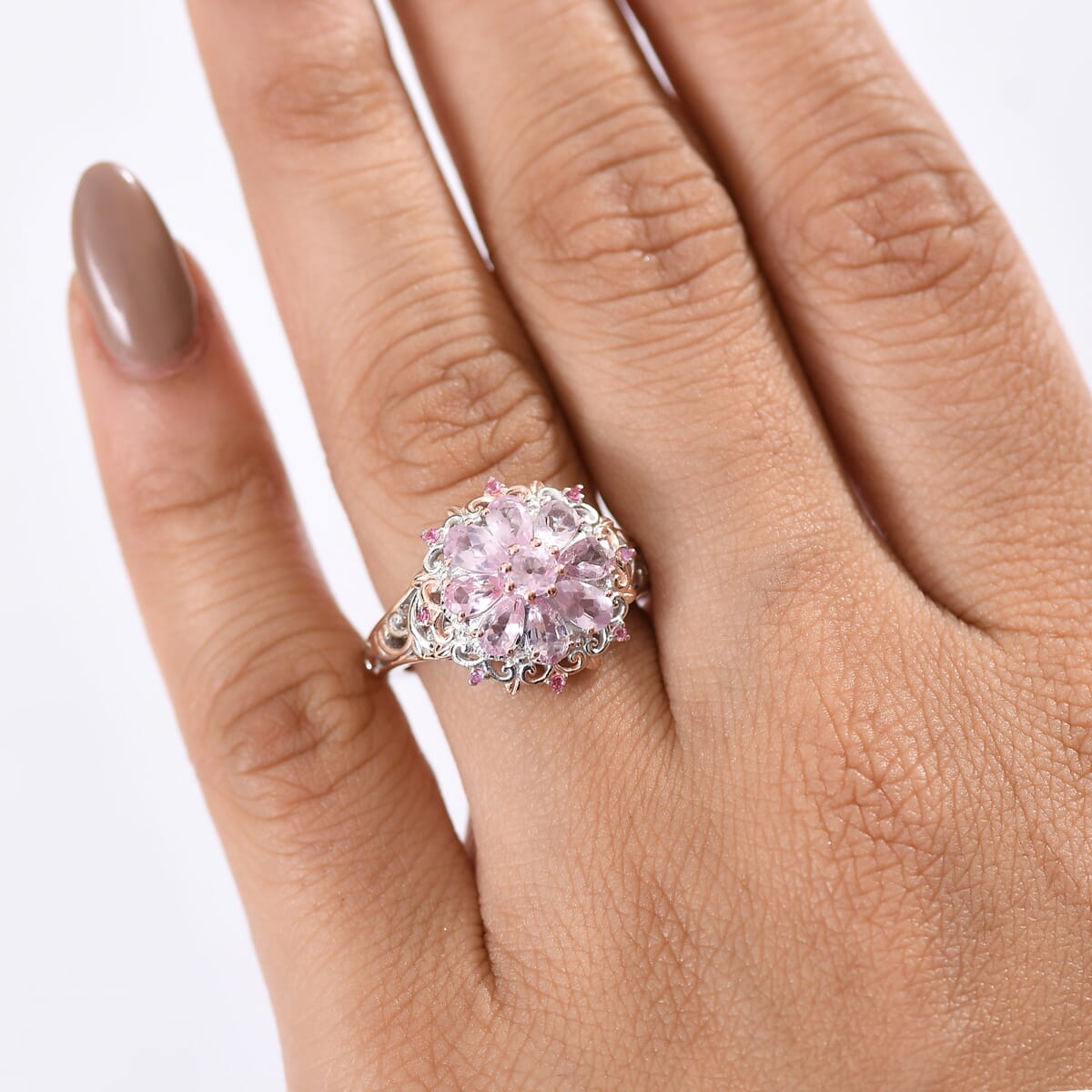 D'Joy Narsipatnam Pink Spinel 1.90 ctw Floral Empress Ring in 18K Vermeil RG and Rhodium Over Sterling Silver (Size 10.0) image number 2