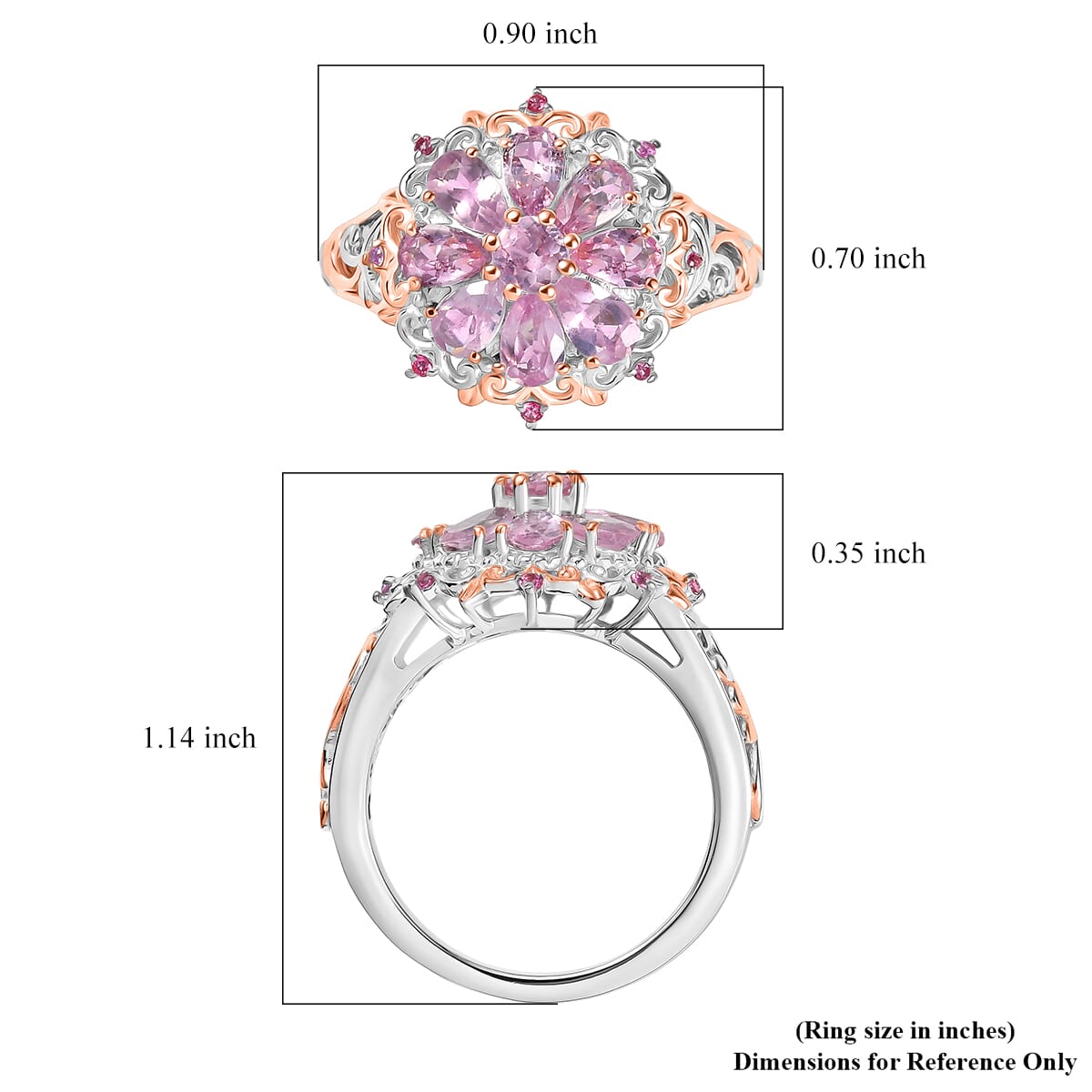 D'Joy Narsipatnam Pink Spinel 1.90 ctw Floral Empress Ring in 18K Vermeil RG and Rhodium Over Sterling Silver (Size 10.0) image number 5