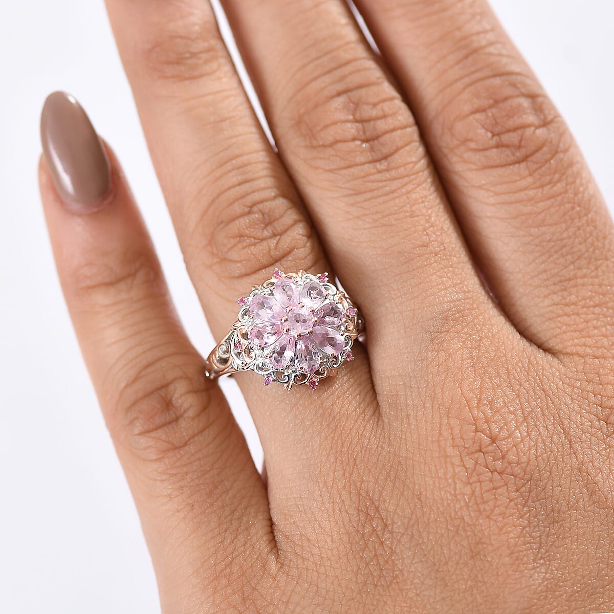 D'Joy Narsipatnam Pink Spinel 1.90 ctw Floral Empress Ring in 18K Vermeil RG and Rhodium Over Sterling Silver (Size 6.0) image number 2