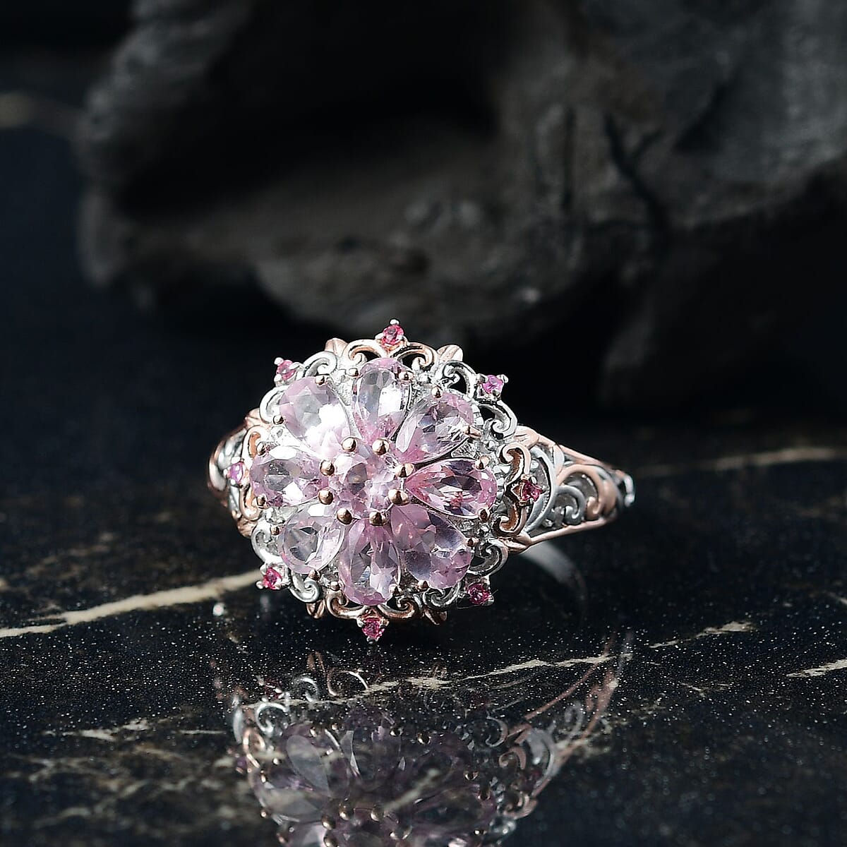 D'Joy Narsipatnam Pink Spinel 1.90 ctw Floral Empress Ring in 18K Vermeil RG and Rhodium Over Sterling Silver (Size 7.0) image number 1