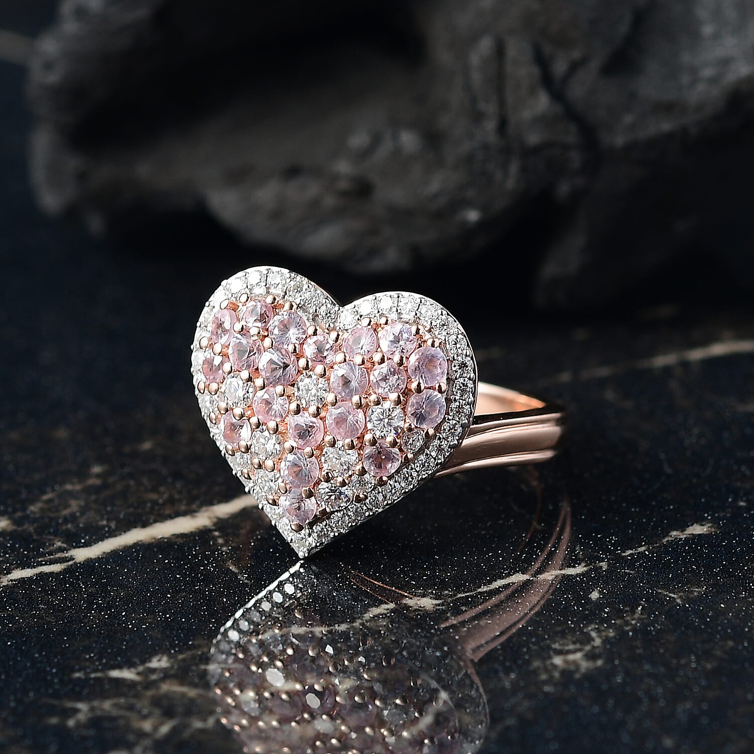 D'Joy Narsipatnam Pink Spinel and Moissanite 1.50 ctw Heart of Blush Ring in 18K Vermeil Rose Gold Over Sterling Silver (Size 10.0)