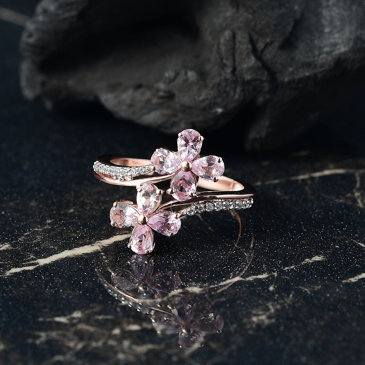 D'Joy Narsipatnam Pink Spinel and White Zircon 1.45 ctw Clover Ring in 18K Vermeil Rose Gold Over Sterling Silver (Size 10.0)