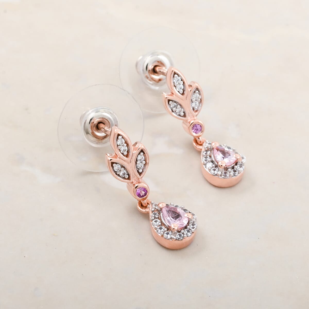 D'Joy Narsipatnam Pink Spinel and Multi Gemstone 0.70 ctw Whispering Leaves Earrings in 18K Vermeil Rose Gold Over Sterling Silver image number 1