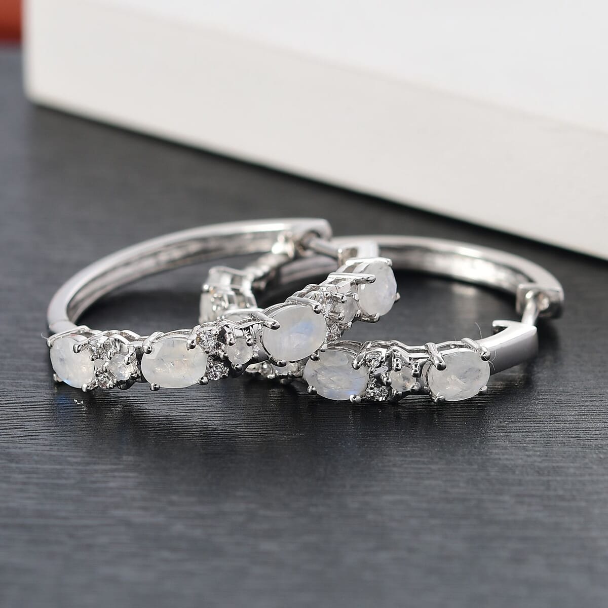 Karis Moon Glow Moonstone and White Zircon 2.75 ctw Hoop Earrings in Platinum Bond  image number 1