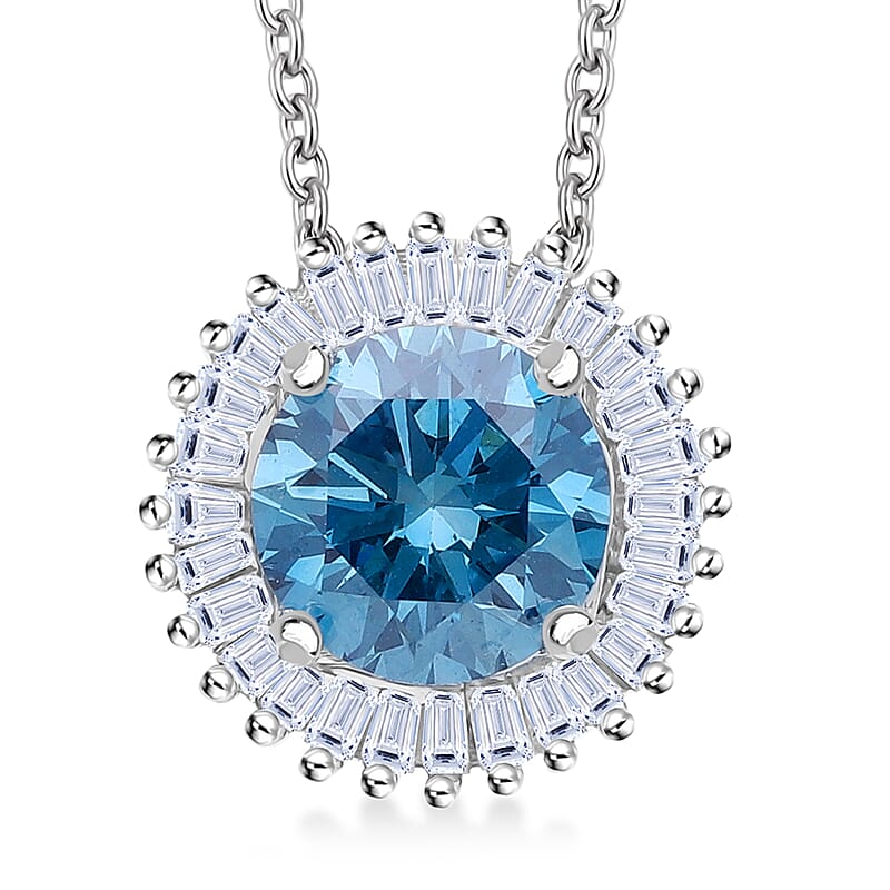 Luxuriant Lab Grown Blue and White Diamond SI 1.00 ctw Halo Majesty Pendant in Rhodium Over Sterling Silver