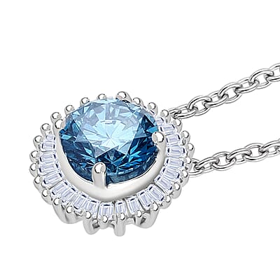 Luxuriant Lab Grown Blue and White Diamond SI 1.00 ctw Halo Majesty Pendant in Rhodium Over Sterling Silver