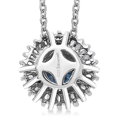 Luxuriant Lab Grown Blue and White Diamond SI 1.00 ctw Halo Majesty Pendant in Rhodium Over Sterling Silver