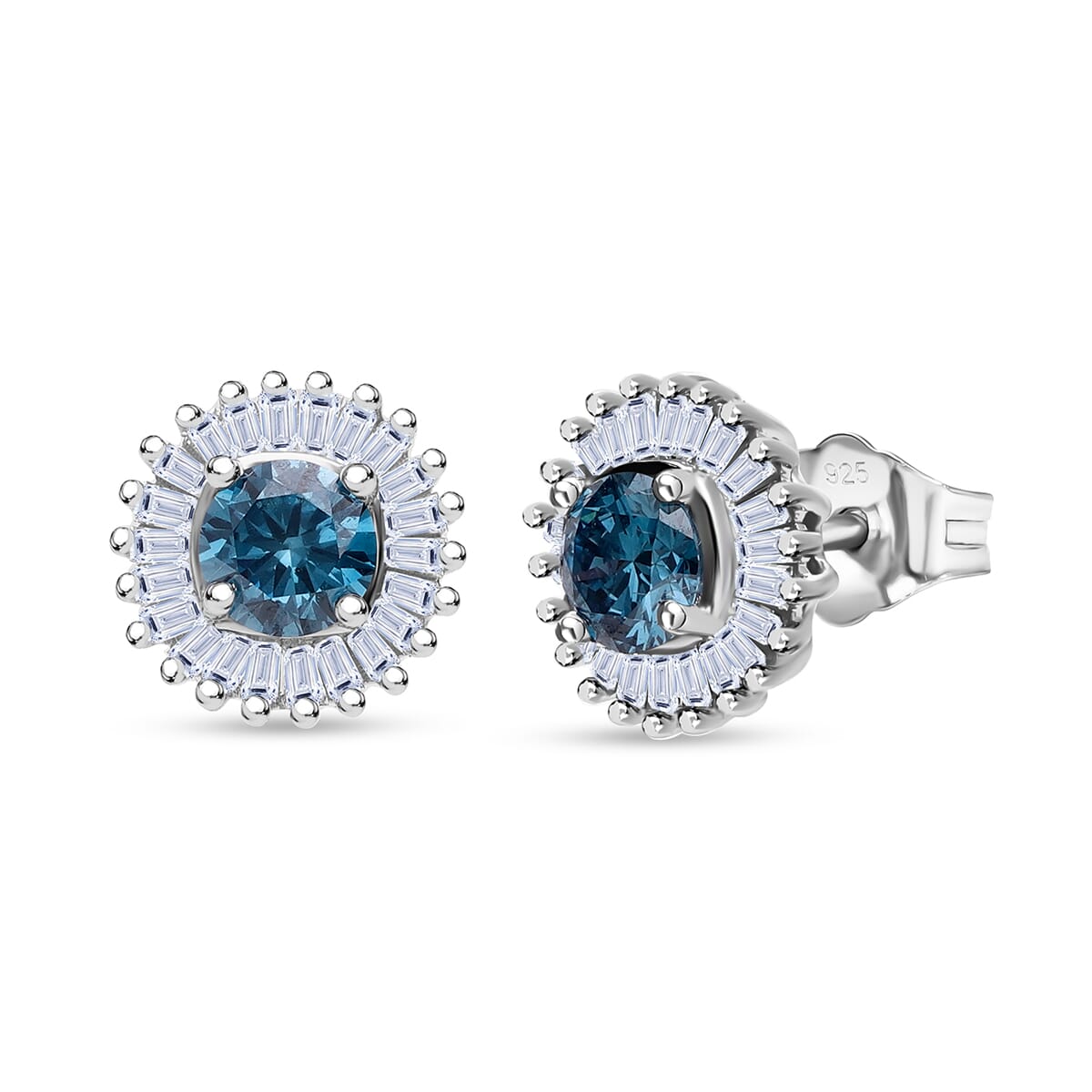 Luxuriant Lab Grown Blue and White Diamond (SI) 1.00 ctw Halo Majesty Earrings in Rhodium Over Sterling Silver image number 0