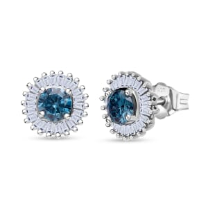 Luxuriant Lab Grown Blue and White Diamond (SI) 1.00 ctw Halo Majesty Earrings in Rhodium Over Sterling Silver