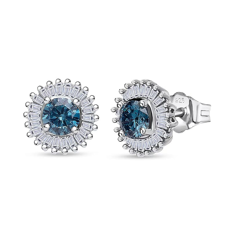 Luxuriant Lab Grown Blue Diamond (IR) (SI) and Lab Grown Diamond 1.00 ctw Halo Majesty Earrings in Rhodium Over Sterling Silver
