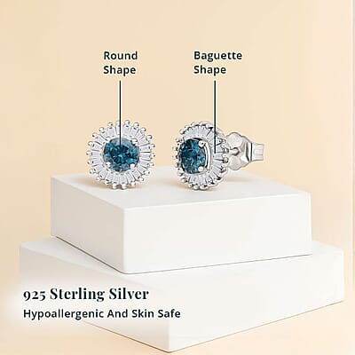 Luxuriant Lab Grown Blue Diamond (IR) (SI) and Lab Grown Diamond 1.00 ctw Halo Majesty Earrings in Rhodium Over Sterling Silver