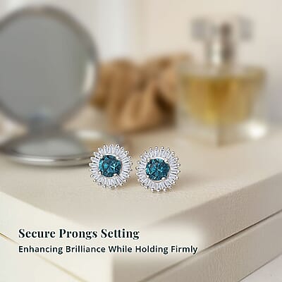Luxuriant Lab Grown Blue Diamond (IR) (SI) and Lab Grown Diamond 1.00 ctw Halo Majesty Earrings in Rhodium Over Sterling Silver