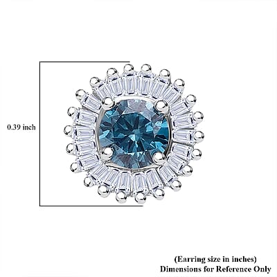 Luxuriant Lab Grown Blue Diamond (IR) (SI) and Lab Grown Diamond 1.00 ctw Halo Majesty Earrings in Rhodium Over Sterling Silver