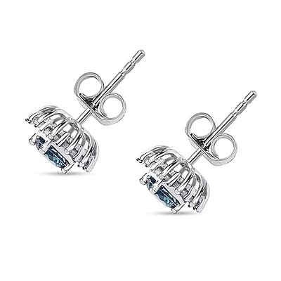 Luxuriant Lab Grown Blue Diamond (IR) (SI) and Lab Grown Diamond 1.00 ctw Halo Majesty Earrings in Rhodium Over Sterling Silver