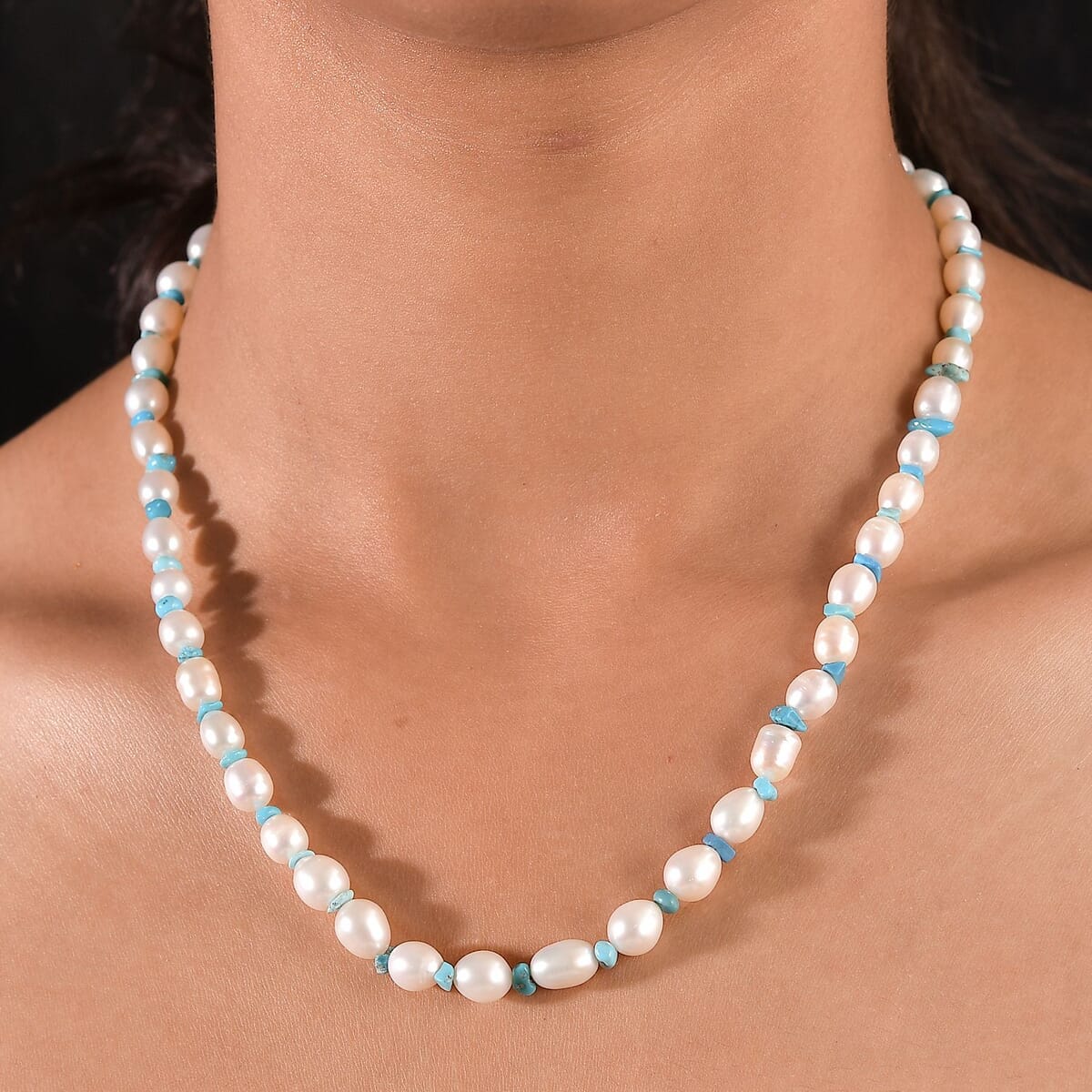 Freshwater Pearl and Turquoise Chips 10.00 ctw Necklace in Rhodium Over Sterling Silver 18 Inches image number 2