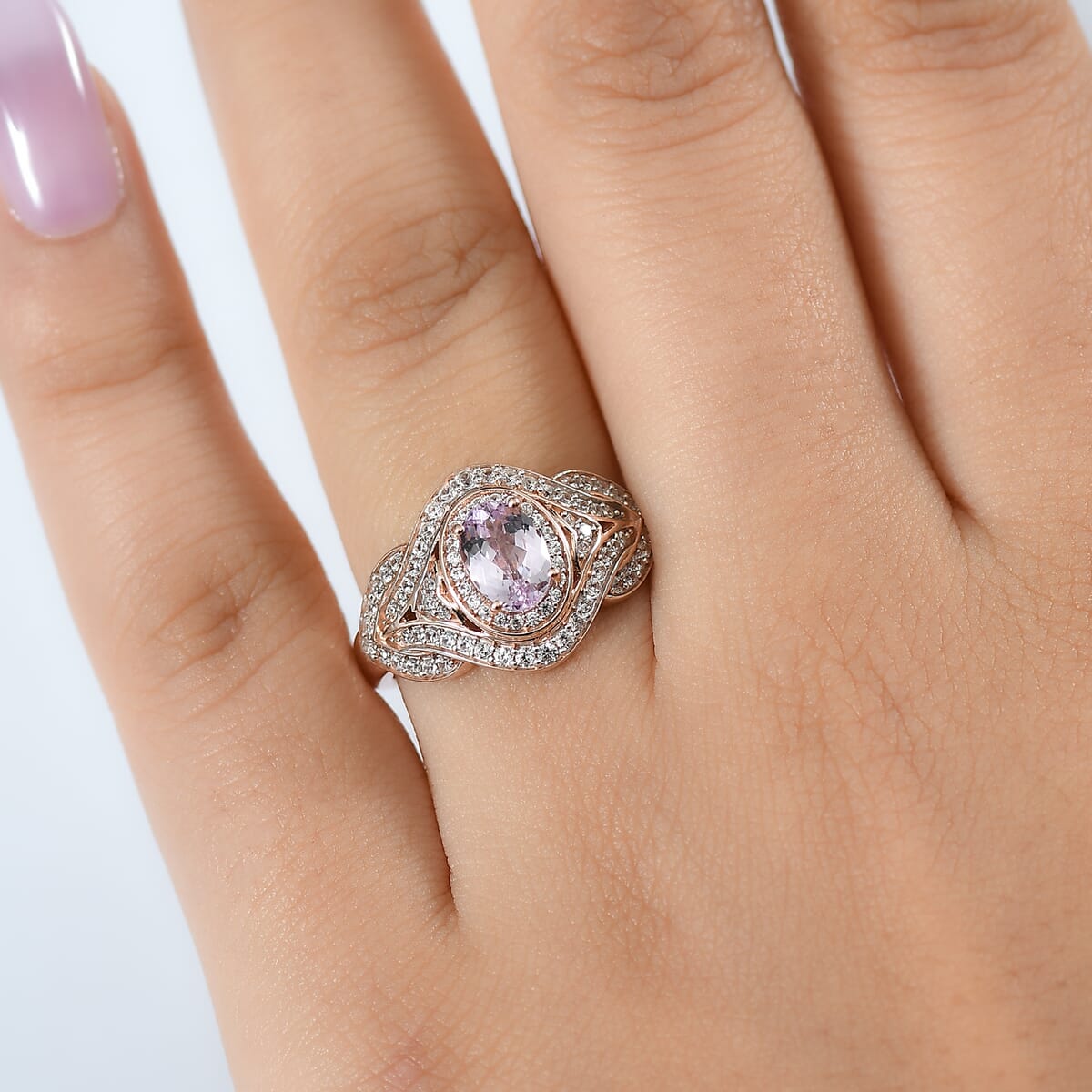 D'Joy Premium Martha Rocha Kunzite and White Zircon 1.85 ctw Love Knot Ring in 18K Vermeil Rose Gold Over Sterling Silver (Size 10.0) image number 2