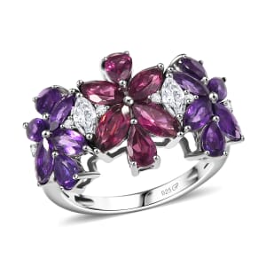 GP Italian Garden Collection Multi Gemstone 4.00 ctw Floral Ring in Rhodium Over Sterling Silver (Size 10.0)