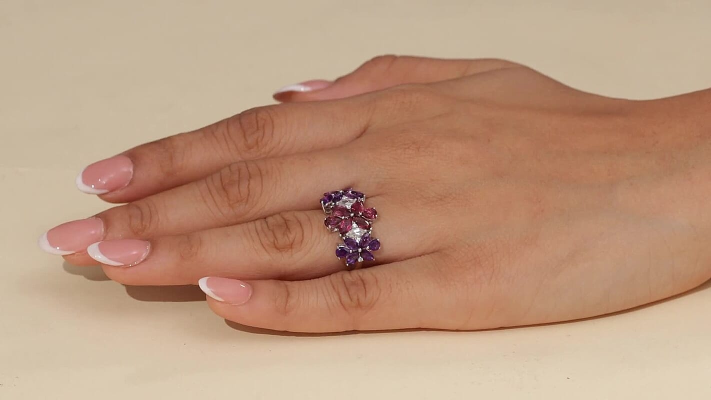GP Multi Gemstone Floral Ring in Rhodium Over Sterling Silver (Size 10.0) 4.00 ctw