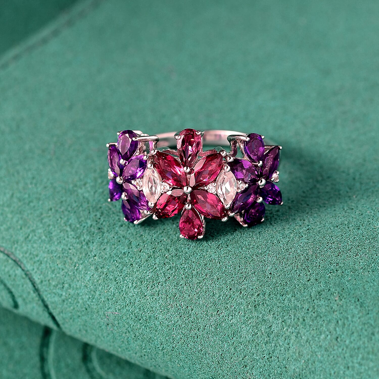 GP Multi Gemstone Floral Ring in Rhodium Over Sterling Silver (Size 10.0) 4.00 ctw