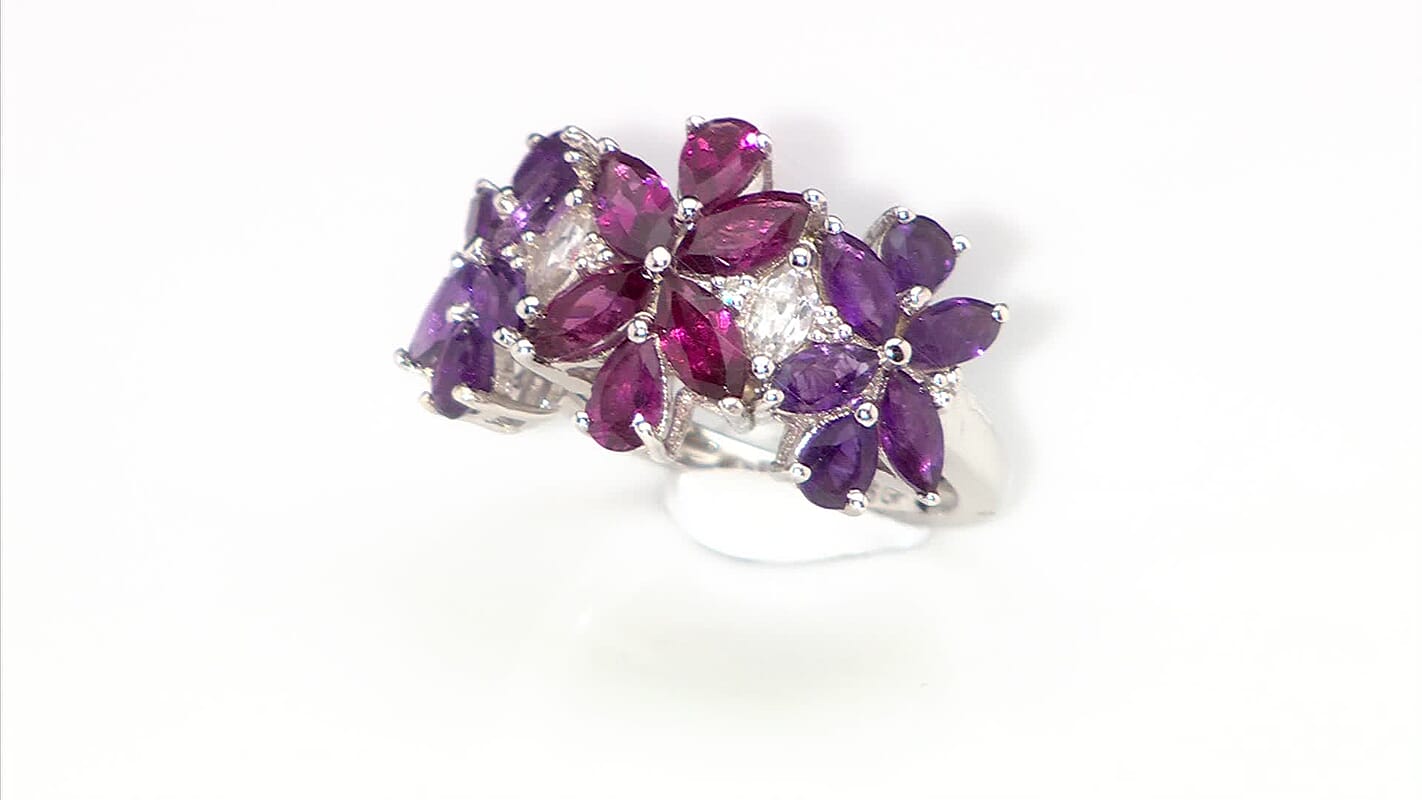 GP Multi Gemstone Floral Ring in Rhodium Over Sterling Silver (Size 10.0) 4.00 ctw