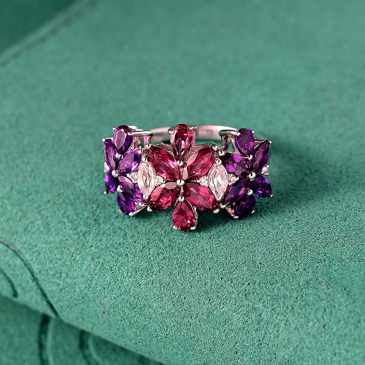 GP Italian Garden Collection Multi Gemstone 4.00 ctw Floral Ring in Rhodium Over Sterling Silver (Size 7.0) image number 1