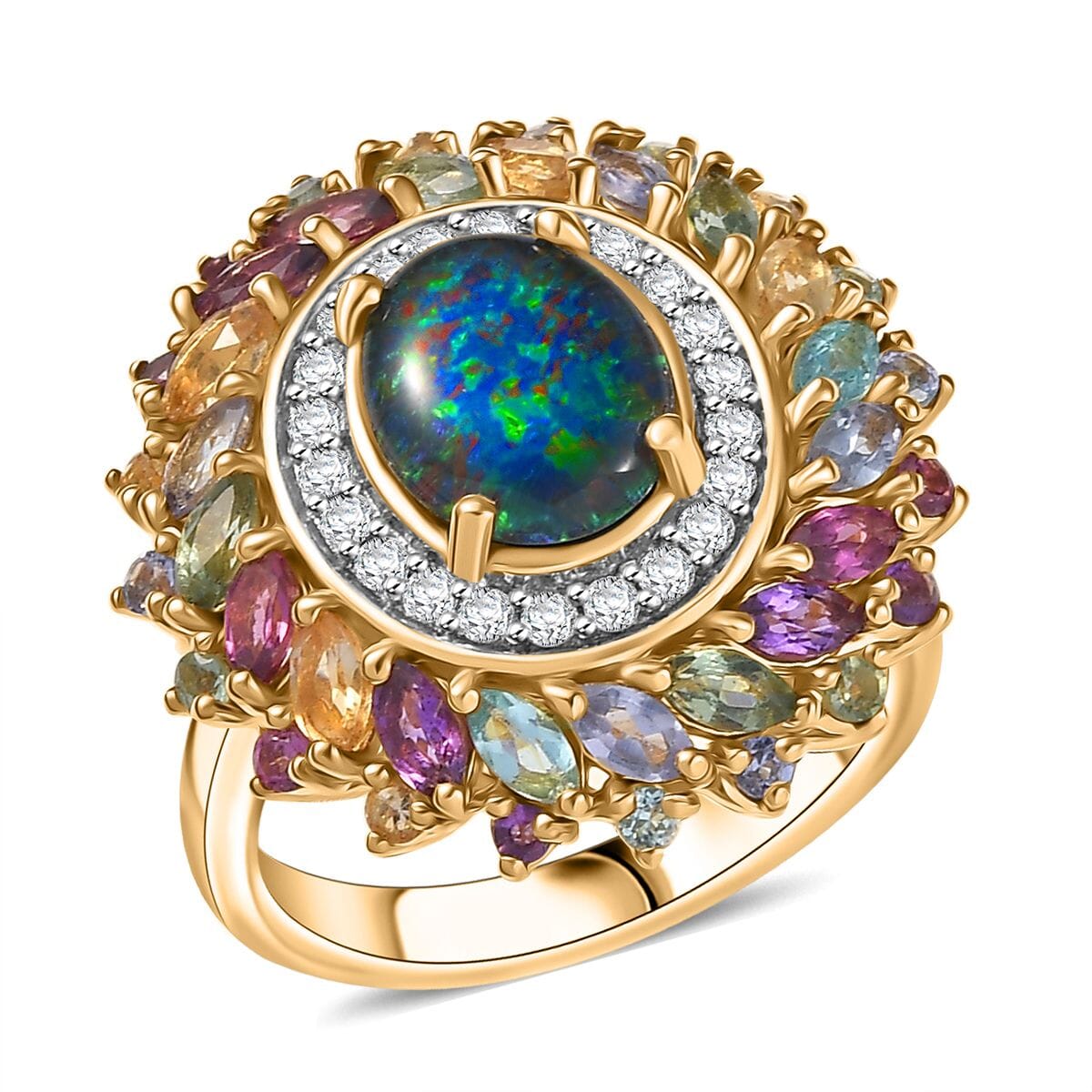 D'Joy Elysian Opal (Triplet) and Multi Gemstone 4.65 ctw Aurora Bloom Ring in 18K Vermeil Yellow Gold Over Sterling Silver (Size 10.0) image number 0