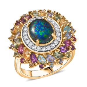 D'Joy Elysian Opal (Triplet) and Multi Gemstone 4.65 ctw Aurora Bloom Ring in 18K Vermeil Yellow Gold Over Sterling Silver (Size 10.0)