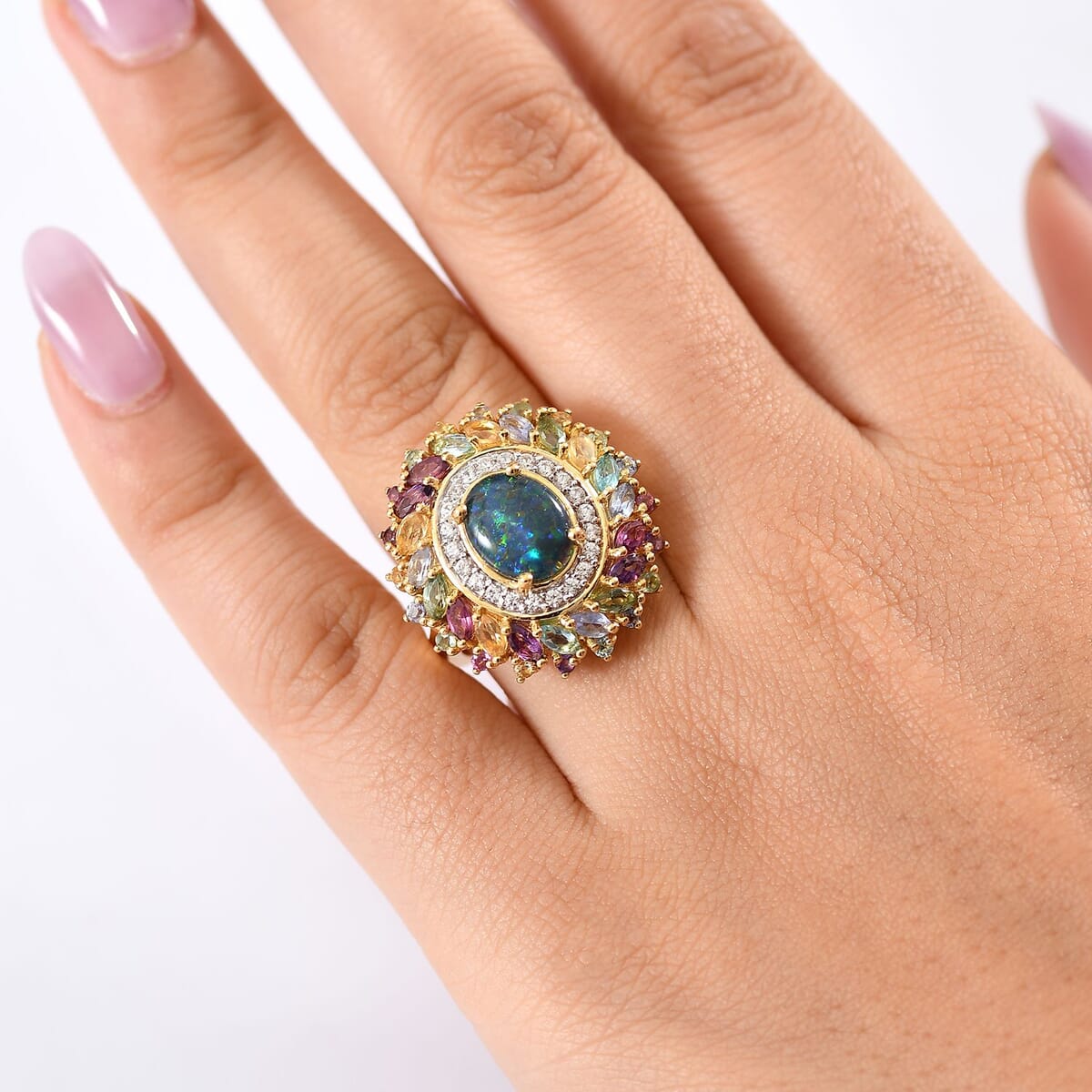 D'Joy Elysian Opal (Triplet) and Multi Gemstone 4.65 ctw Aurora Bloom Ring in 18K Vermeil Yellow Gold Over Sterling Silver (Size 10.0) image number 2