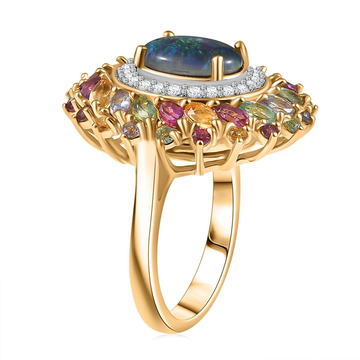 D'Joy Elysian Opal (Triplet) and Multi Gemstone 4.65 ctw Aurora Bloom Ring in 18K Vermeil Yellow Gold Over Sterling Silver (Size 10.0) image number 3