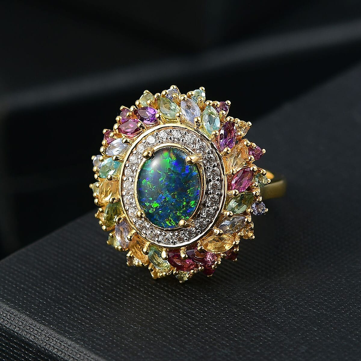 D'Joy Elysian Opal (Triplet) and Multi Gemstone 4.65 ctw Aurora Bloom Ring in 18K Vermeil Yellow Gold Over Sterling Silver (Size 6.0) image number 1