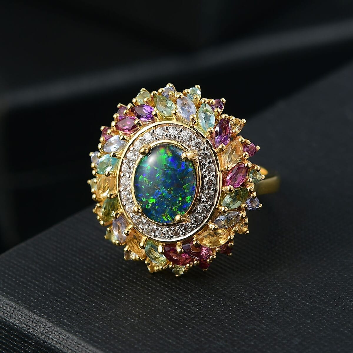 D'Joy Elysian Opal (Triplet) and Multi Gemstone 4.65 ctw Aurora Bloom Ring in 18K Vermeil Yellow Gold Over Sterling Silver (Size 7.0) image number 1