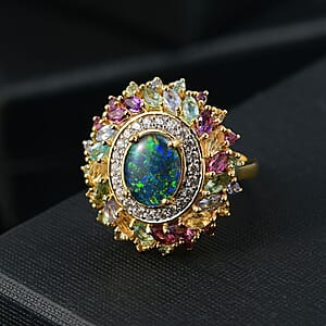D'Joy Elysian Opal (Triplet) and Multi Gemstone 4.65 ctw Aurora Bloom Ring in 18K Vermeil Yellow Gold Over Sterling Silver (Size 7.0)