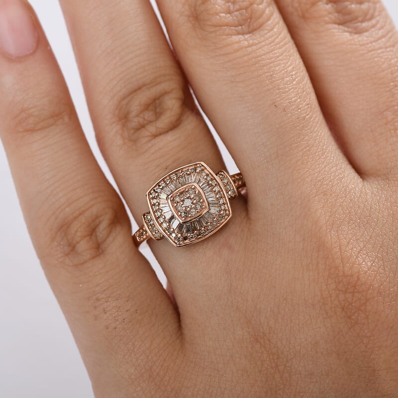 D'Joy Natural Champagne Diamond 0.50 ctw Art Deco Ring in 18K Vermeil Rose Gold Over Sterling Silver (Size 10.0)