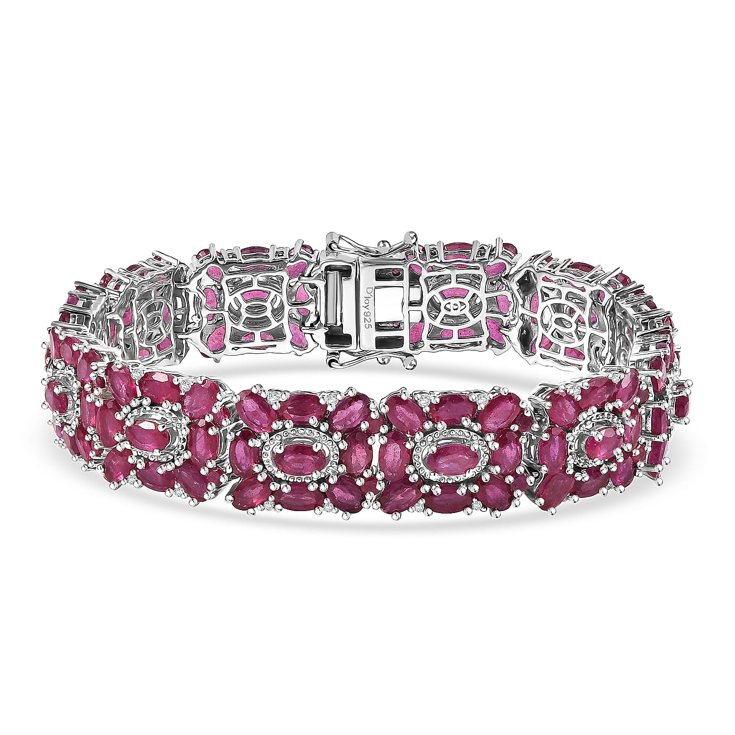 D'Joy Niassa Ruby (FF) and White Zircon 40.65 ctw Art Deco Bracelet in Rhodium Over Sterling Silver (7.25 In)