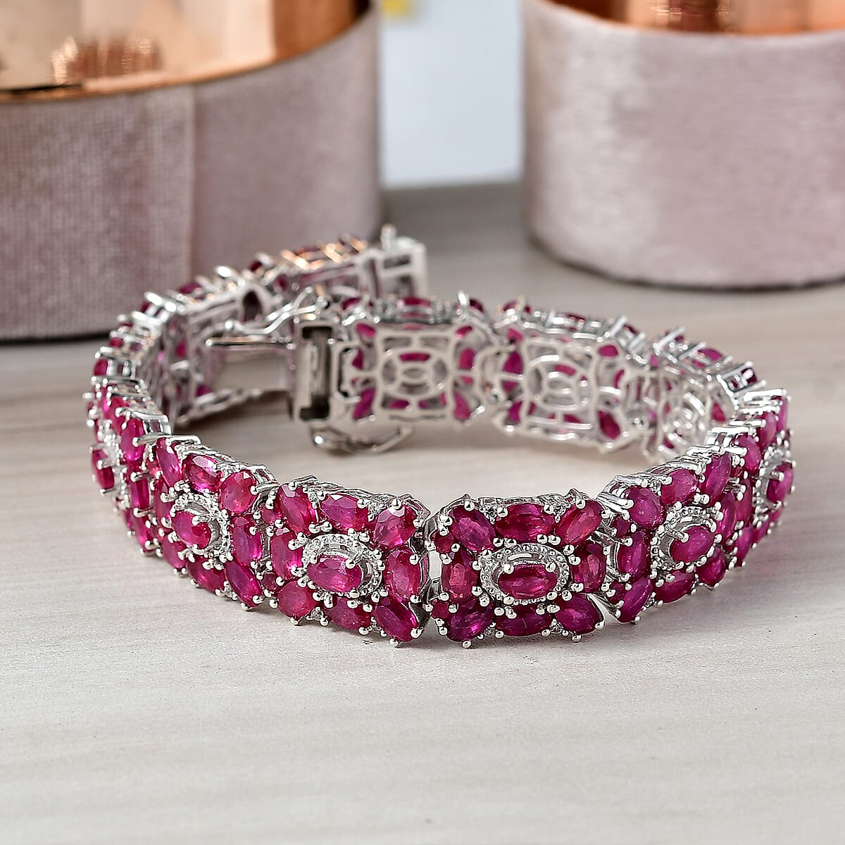 Doorbuster D'Joy Niassa Ruby (FF) and White Zircon 40.65 ctw Art Deco Bracelet in Rhodium Over Sterling Silver (7.25 In) image number 1