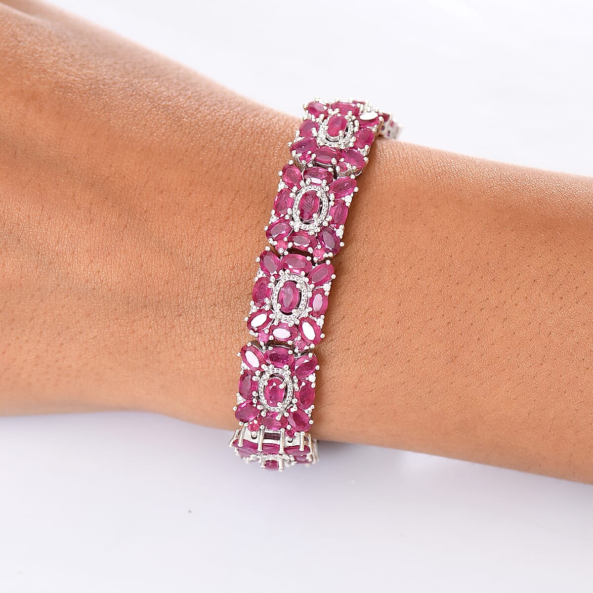 Doorbuster D'Joy Niassa Ruby (FF) and White Zircon 40.65 ctw Art Deco Bracelet in Rhodium Over Sterling Silver (7.25 In) image number 2