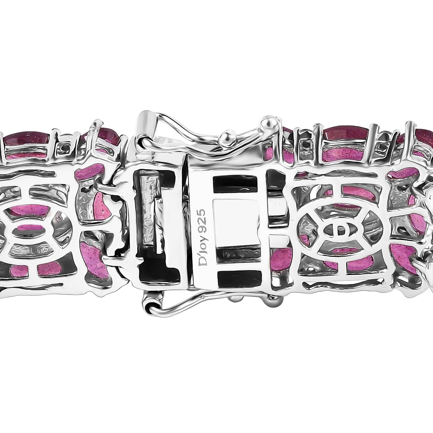  D'Joy Niassa Ruby (FF) and White Zircon 40.65 ctw Art Deco Bracelet in Rhodium Over Sterling Silver (7.25 In)