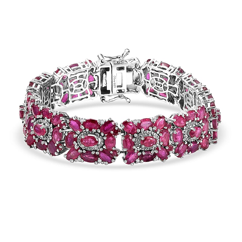  D'Joy Niassa Ruby (FF) and White Zircon 37.30 ctw Art Deco Bracelet in Rhodium Over Sterling Silver (6.50 In)