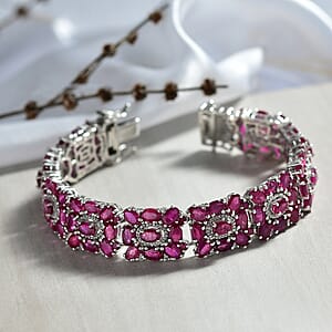 Doorbuster D'Joy Niassa Ruby (FF) and White Zircon 37.30 ctw Art Deco Bracelet in Rhodium Over Sterling Silver (6.50 In)
