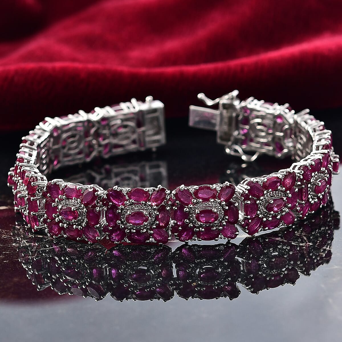 Doorbuster D'Joy Niassa Ruby (FF) and White Zircon 45.00 ctw Art Deco Bracelet in Rhodium Over Sterling Si (8.00 In) image number 1