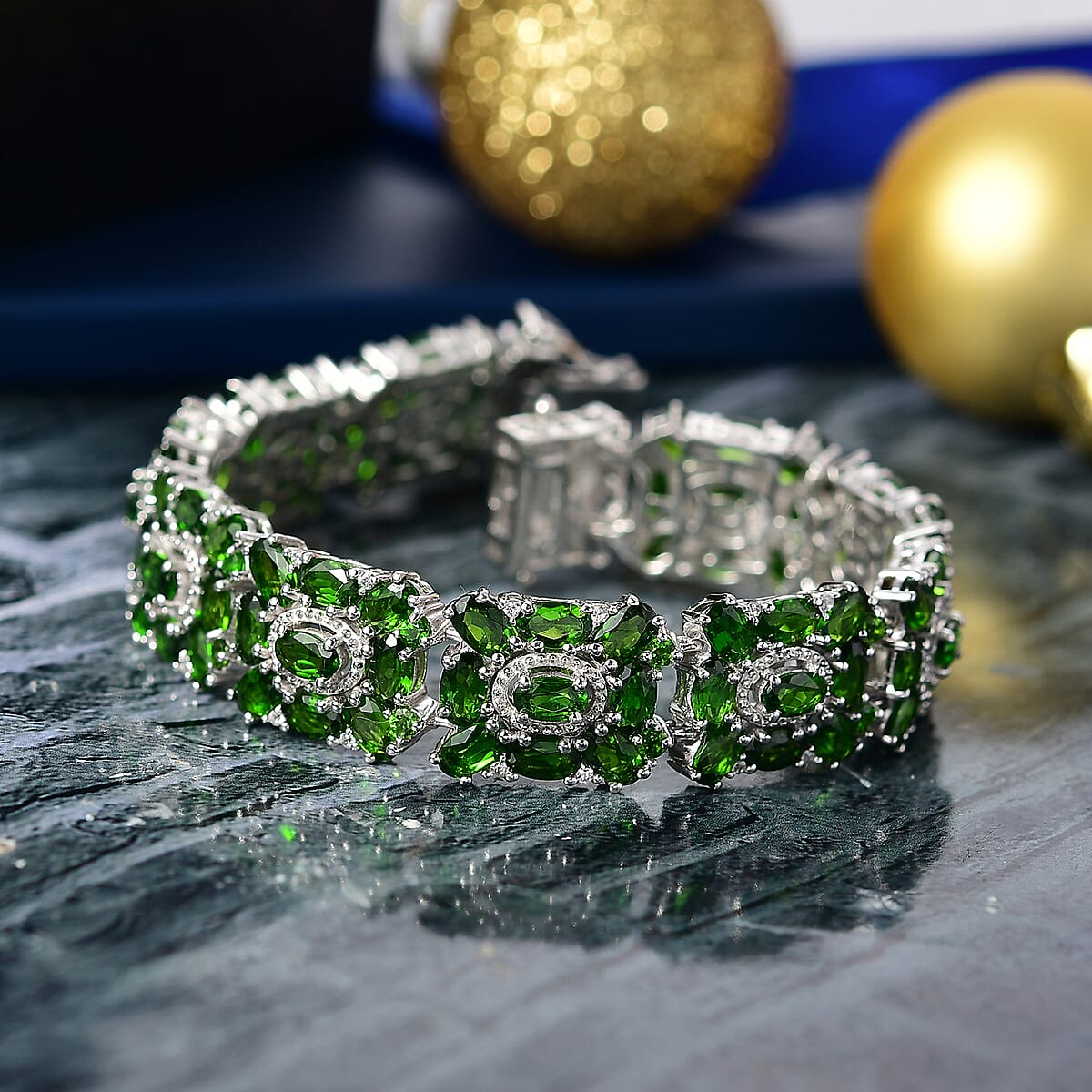Doorbuster D’joy Chrome Diopside and White Zircon 30.25 ctw Art Deco Bracelet in Rhodium Over Sterling Silver (8.00 In) image number 1