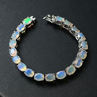 D'Joy Premium Ethiopian Welo Opal 14.10 ctw Aurora Glow Bracelet in Rhodium Over Sterling Silver (6.50 In)