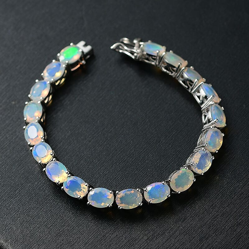 D'Joy Premium Ethiopian Welo Opal 14.10 ctw Aurora Glow Bracelet in Rhodium Over Sterling Silver (6.50 In)