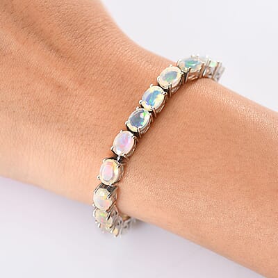 D'Joy Premium Ethiopian Welo Opal 14.10 ctw Aurora Glow Bracelet in Rhodium Over Sterling Silver (6.50 In)