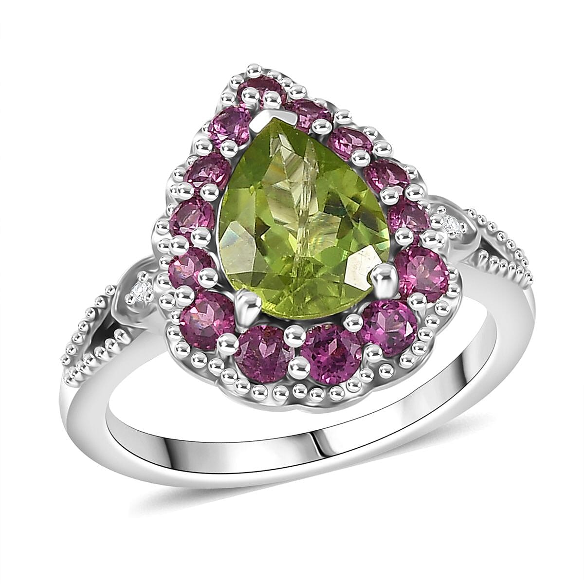 D'Joy Hebei Peridot and Multi Gemstone 2.60 ctw Blushing Dewdrop Ring in Rhodium Over Sterling Silver (Size 10.0) image number 0