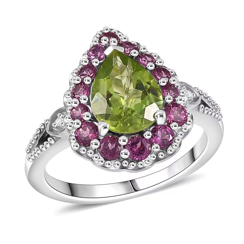 D'Joy Hebei Peridot, Multi Gemstone Floral Halo Ring in Rhodium Over Sterling Silver 2.60 ctw (Size 10.0)