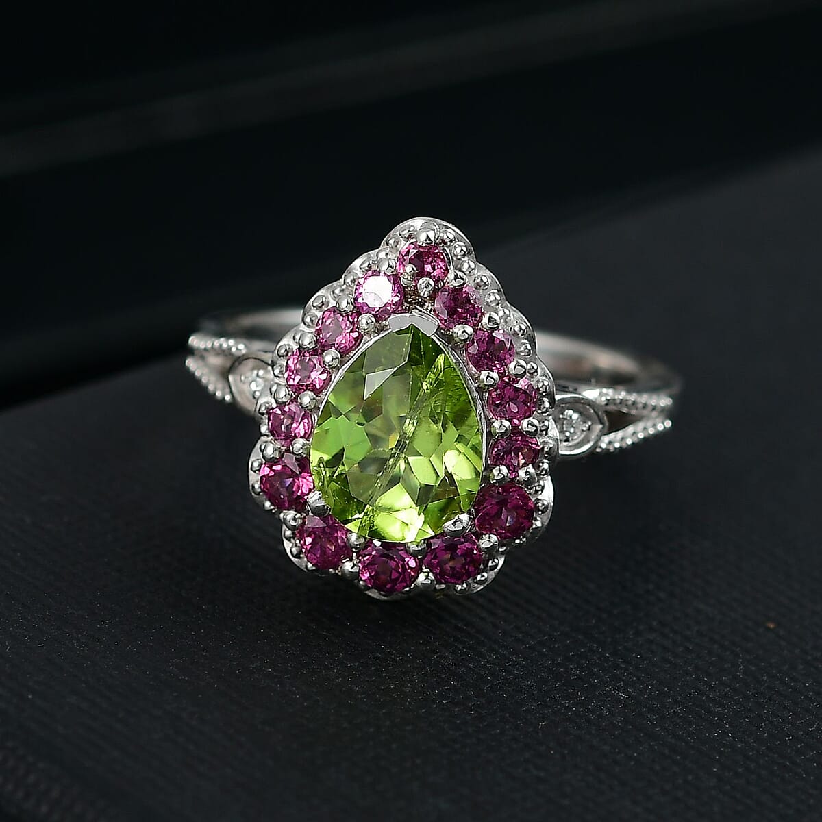 D'Joy Hebei Peridot and Multi Gemstone 2.60 ctw Blushing Dewdrop Ring in Rhodium Over Sterling Silver (Size 10.0) image number 1