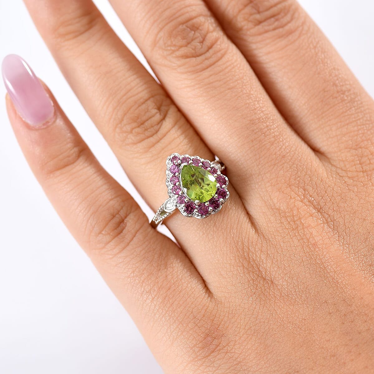 D'Joy Hebei Peridot and Multi Gemstone 2.60 ctw Blushing Dewdrop Ring in Rhodium Over Sterling Silver (Size 10.0) image number 2